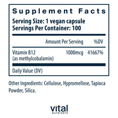 Close-up of Vital Nutrients B12 capsules highlighting high-potency methylcobalamin for energy support.