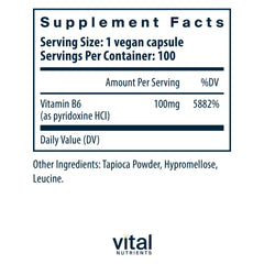 Vital Nutrients B6 capsules close-up highlighting vegan formula and clean ingredients.