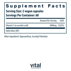 Vital Nutrients Vitamin C 1000mg bottle label close-up showing vegan formula.