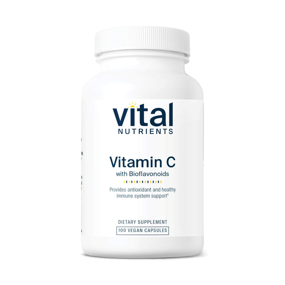Vital Nutrients Vitamin C with Bioflavonoids bottle showing vegan immune support potential.