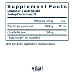 Vital Nutrients Vitamin C capsules close-up; citrus bioflavonoids support antioxidant activity.