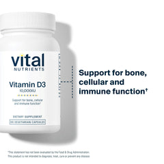 Vital Nutrients Vitamin D 10000 IU capsules highlight easy-to-swallow softgels.
