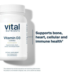 Vital Nutrients label displays 2000 IU vitamin D3 per capsule.