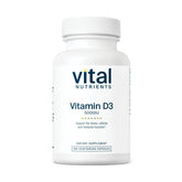 Vital Nutrients Vitamin D 5000 IU bottle shows label; supports bone and immune health.