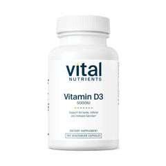 Vital Nutrients Vitamin D 5000 IU bottle shows label; supports bone and immune health.