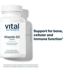 Vital Nutrients Vitamin D 5000 IU label back highlights allergen-free formula.