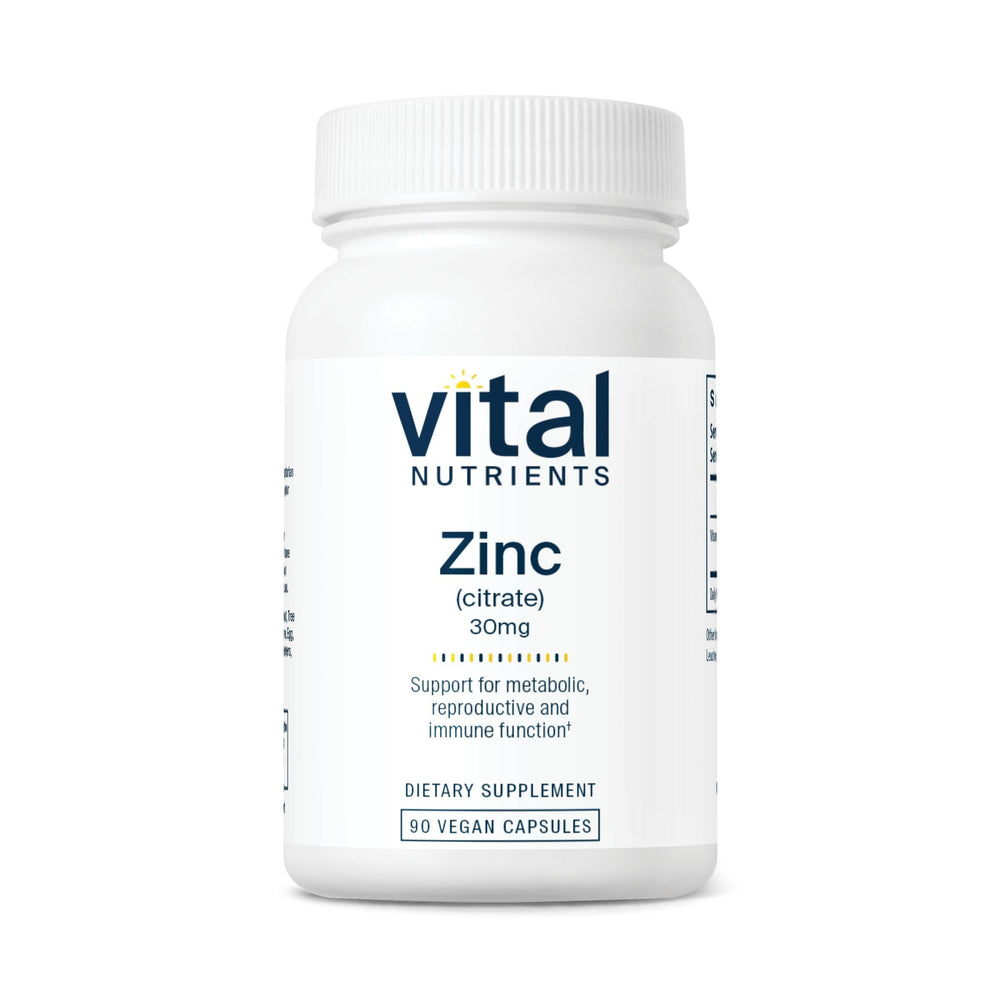 Vital Nutrients Zinc Citrate 30mg bottle with capsules for immune support.