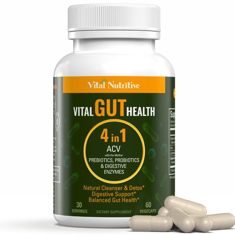 Vital Nutritive Apple Cider Vinegar bottle highlighting gut health formula benefits