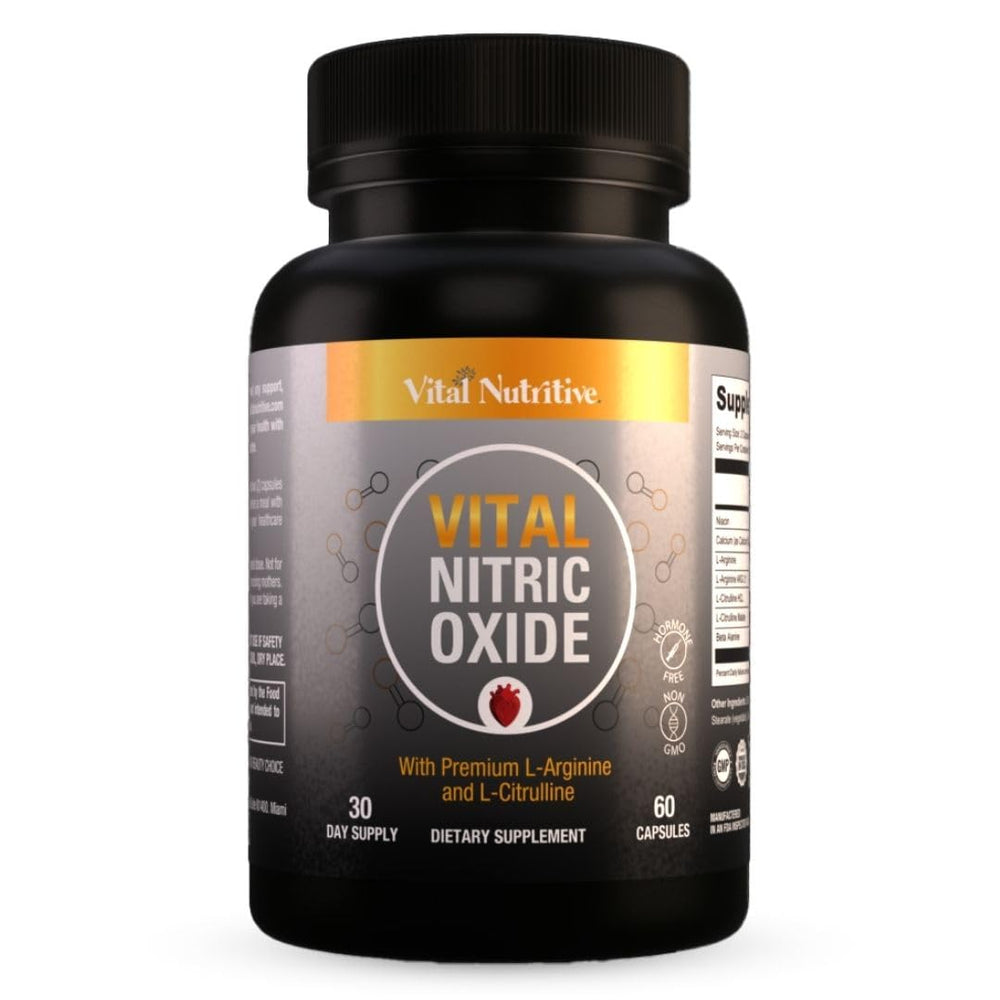 Vital Nutritive Nitric Oxide bottle overview shows potential for improved blood flow during workouts.