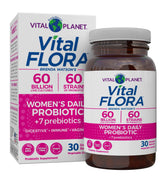 Vital Planet Vital Flora Women's Daily probiotic bottle on shelf, promoting daily digestive balance.