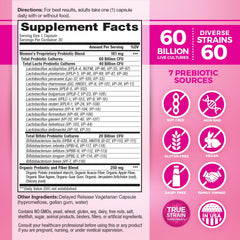 Vital Flora Women's Daily capsules close-up highlighting 60B CFU and diverse strains.