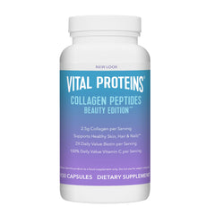 Vital Proteins Beauty Edition capsules bottle on bathroom shelf for daily beauty support