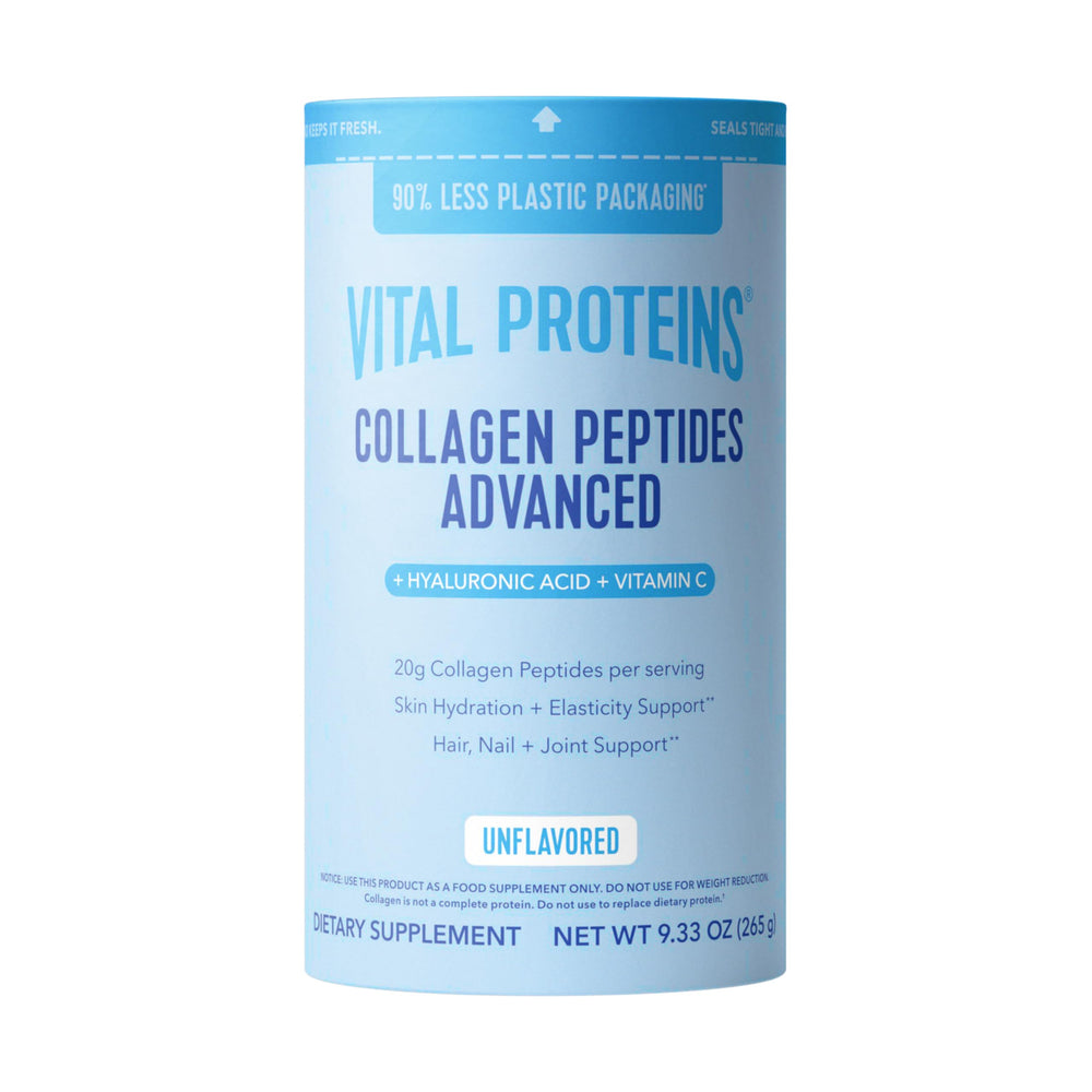 Vital Proteins collagen peptides advanced tub ready to blend into beverages for daily hydration.