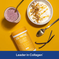 Vital Proteins vanilla collagen scoop beside a glass, ready to blend into coffee.