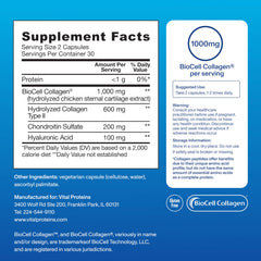 Vital Proteins Enhanced Collagen Capsules label highlighting hyaluronic acid and chondroitin for skin and joints.