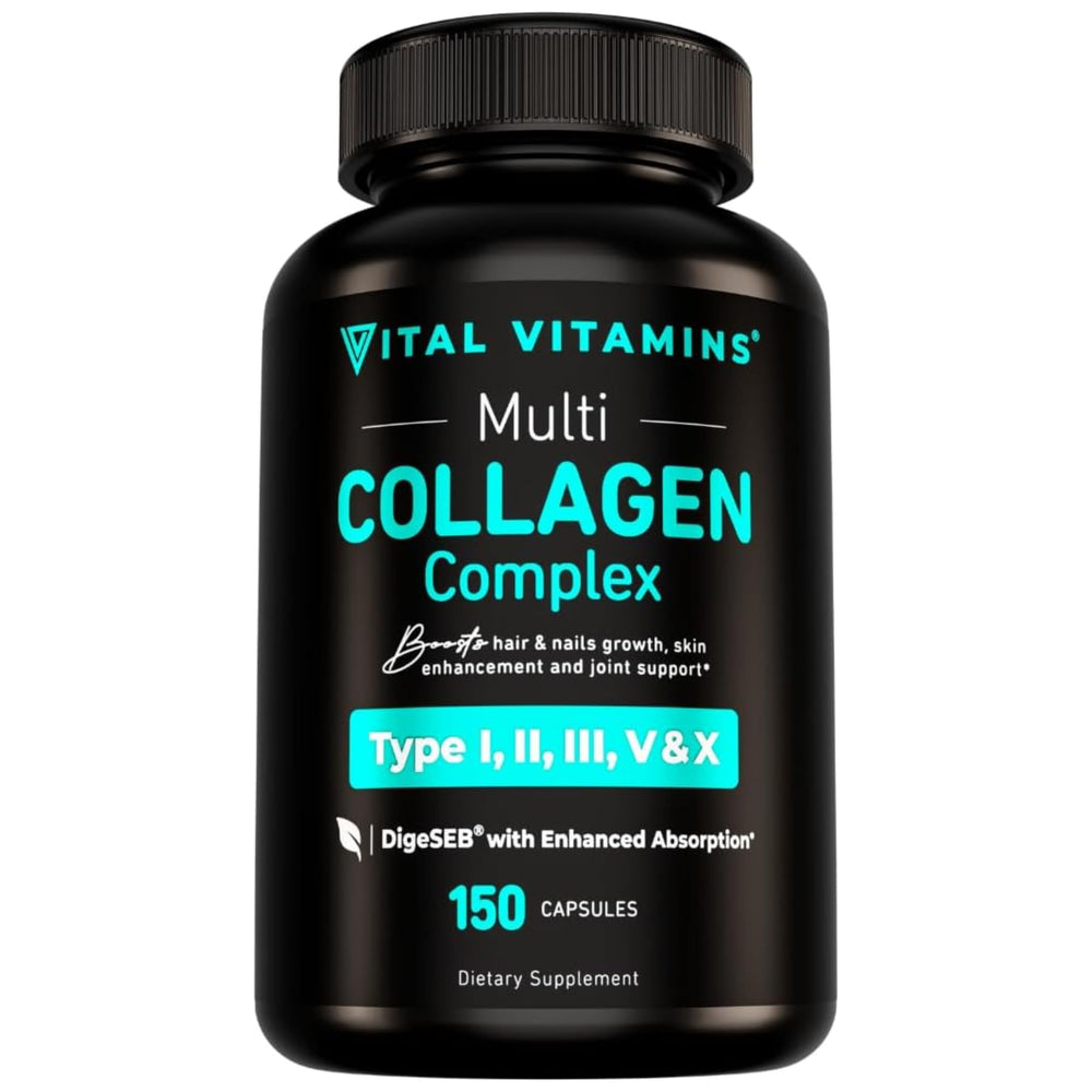 Vital Vitamins Multi Collagen bottle close-up for daily skin and joint support.