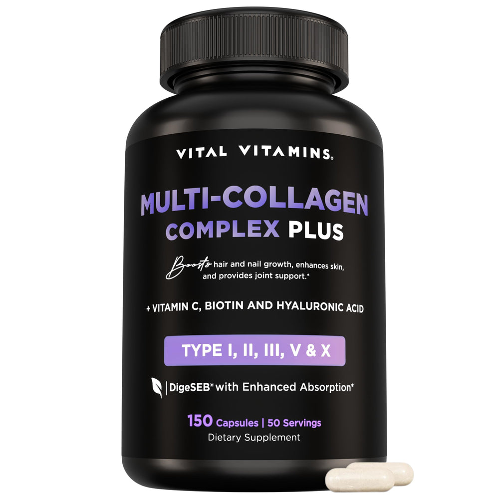 Vital Vitamins Multi Collagen bottle with capsules for daily beauty support.