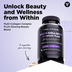 Close-up of Vital Vitamins multi-collagen capsules for easy daily intake.