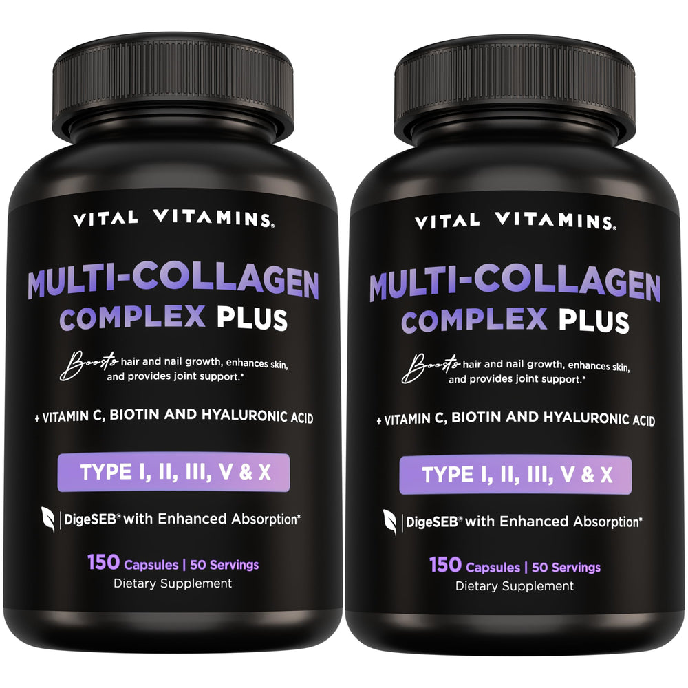 Vital Vitamins Multi Collagen Plus bottle front view, highlighting daily beauty support for skin and hair
