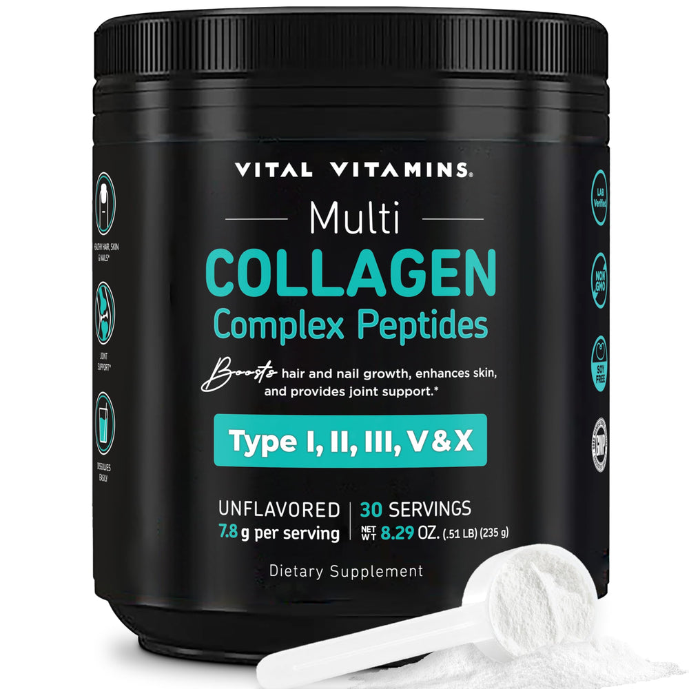 Vital Vitamins multi collagen unflavored powder blends smoothly into drinks for daily beauty support