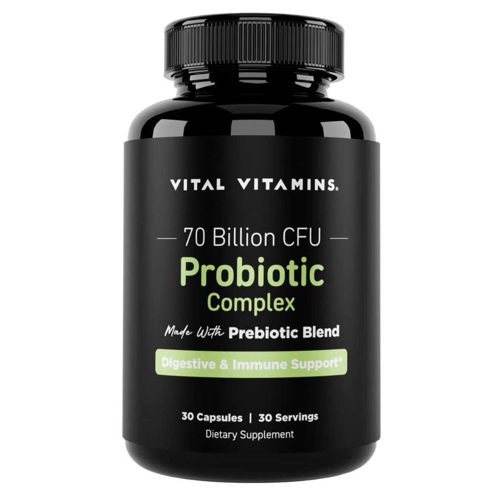 Vital Vitamins Probiotic bottle front shows 70B CFU and 10 strains for gut balance