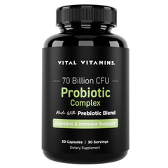 Vital Vitamins Probiotic bottle front shows 70B CFU and 10 strains for gut balance