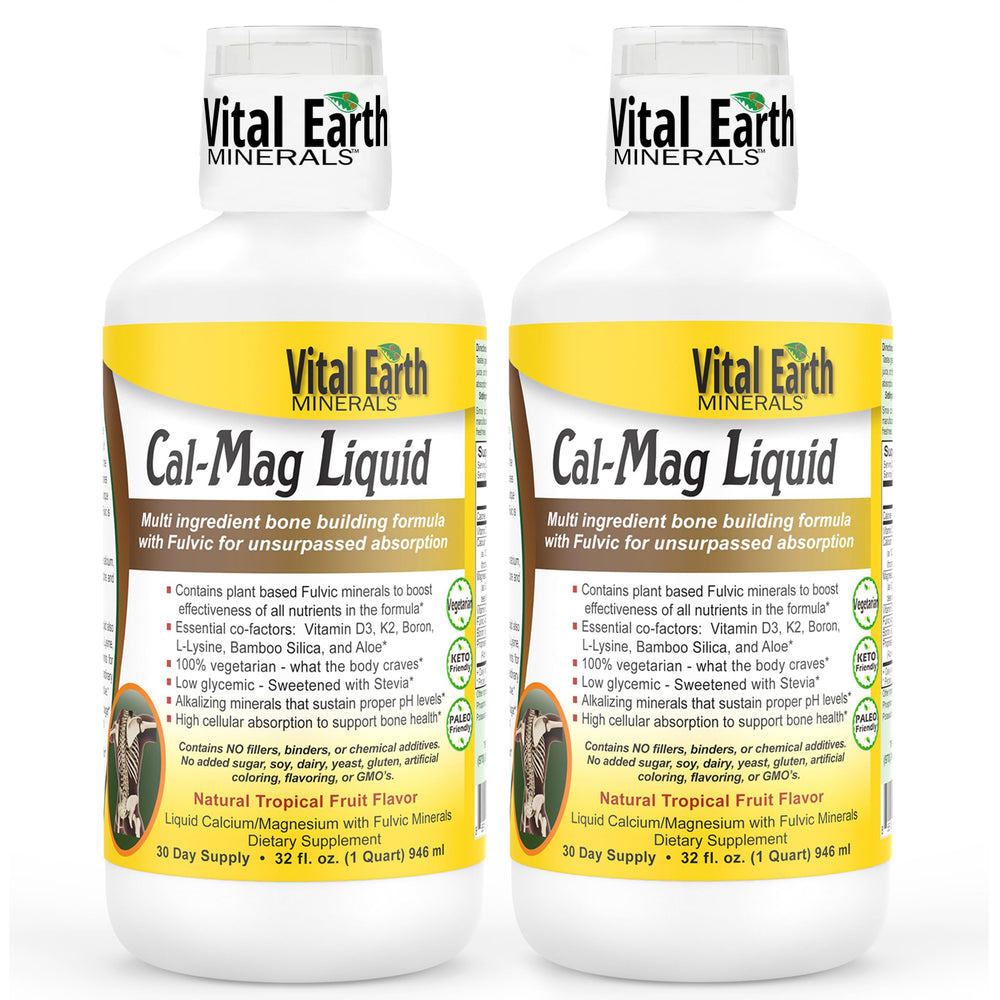 Vital Earth Minerals Cal-Mag Liquid bottle with dropper indicating fast absorption.