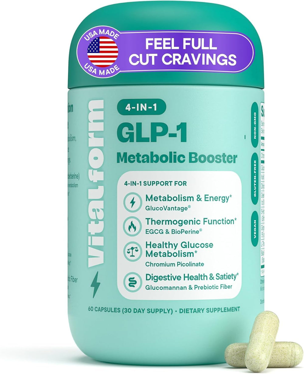 VitalForm GLP-1 Metabolic Support bottle with capsules aids daily appetite control and convenient dosing.