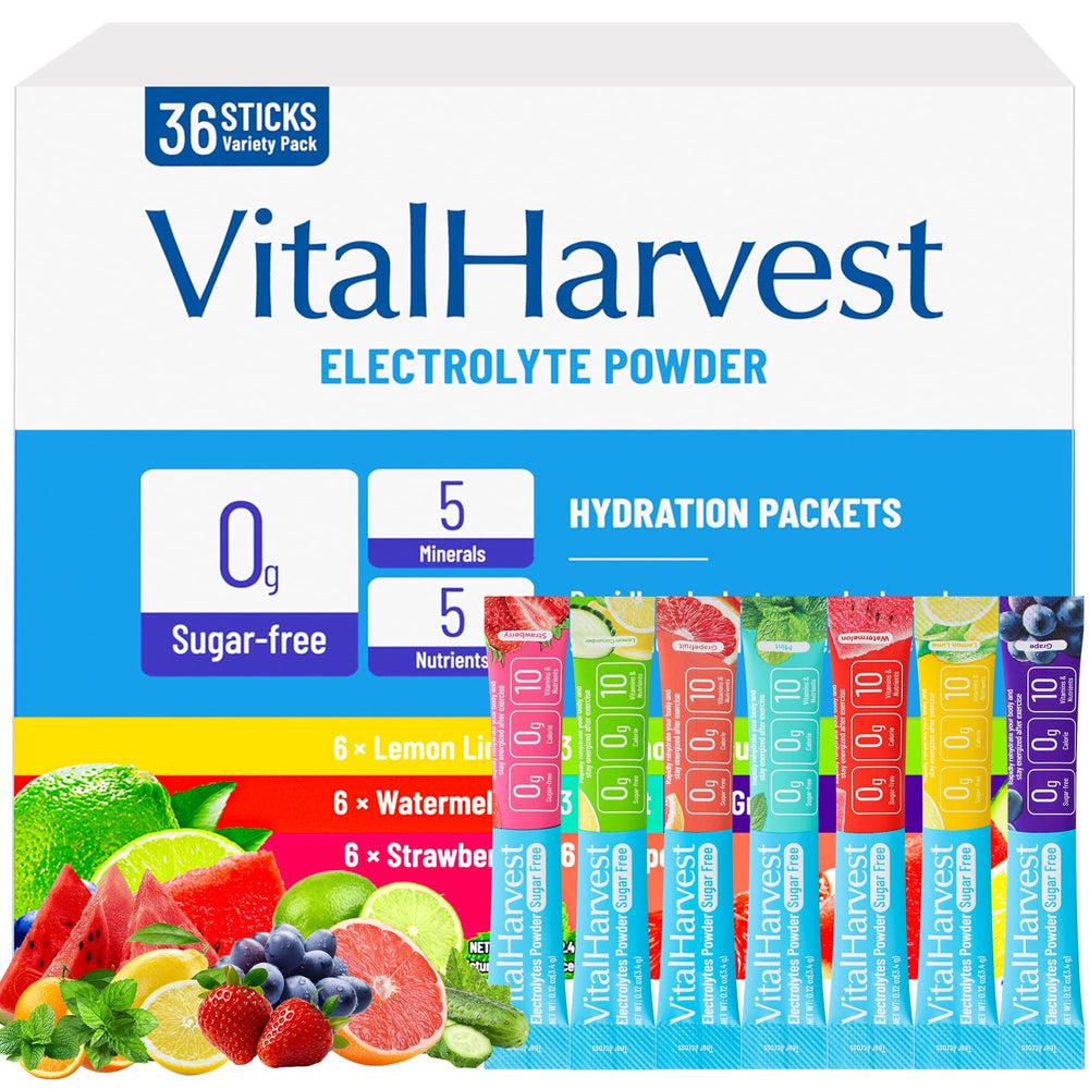 VitalHarvest Lemon Lime electrolyte packets for quick hydration on the go.