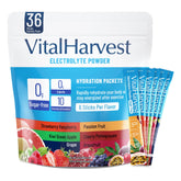 VitalHarvest electrolyte packets in strawberry raspberry being mixed for quick hydration