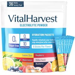 VitalHarvest 36 Sticks electrolytes front packaging ready for hydration on the go.