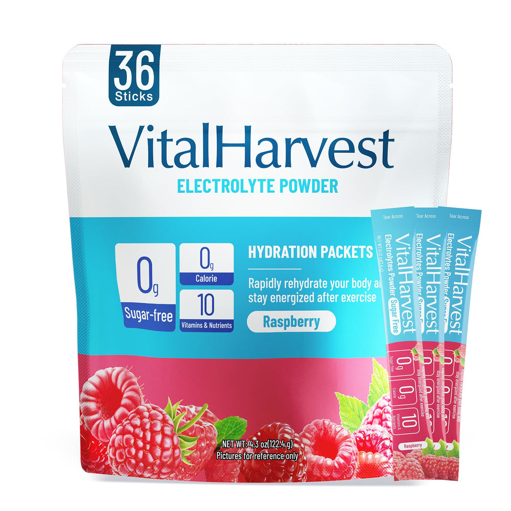 VitalHarvest 36 sticks raspberry packet closeup showing sugar-free hydration on the go