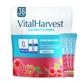 VitalHarvest 36 sticks raspberry packet closeup showing sugar-free hydration on the go