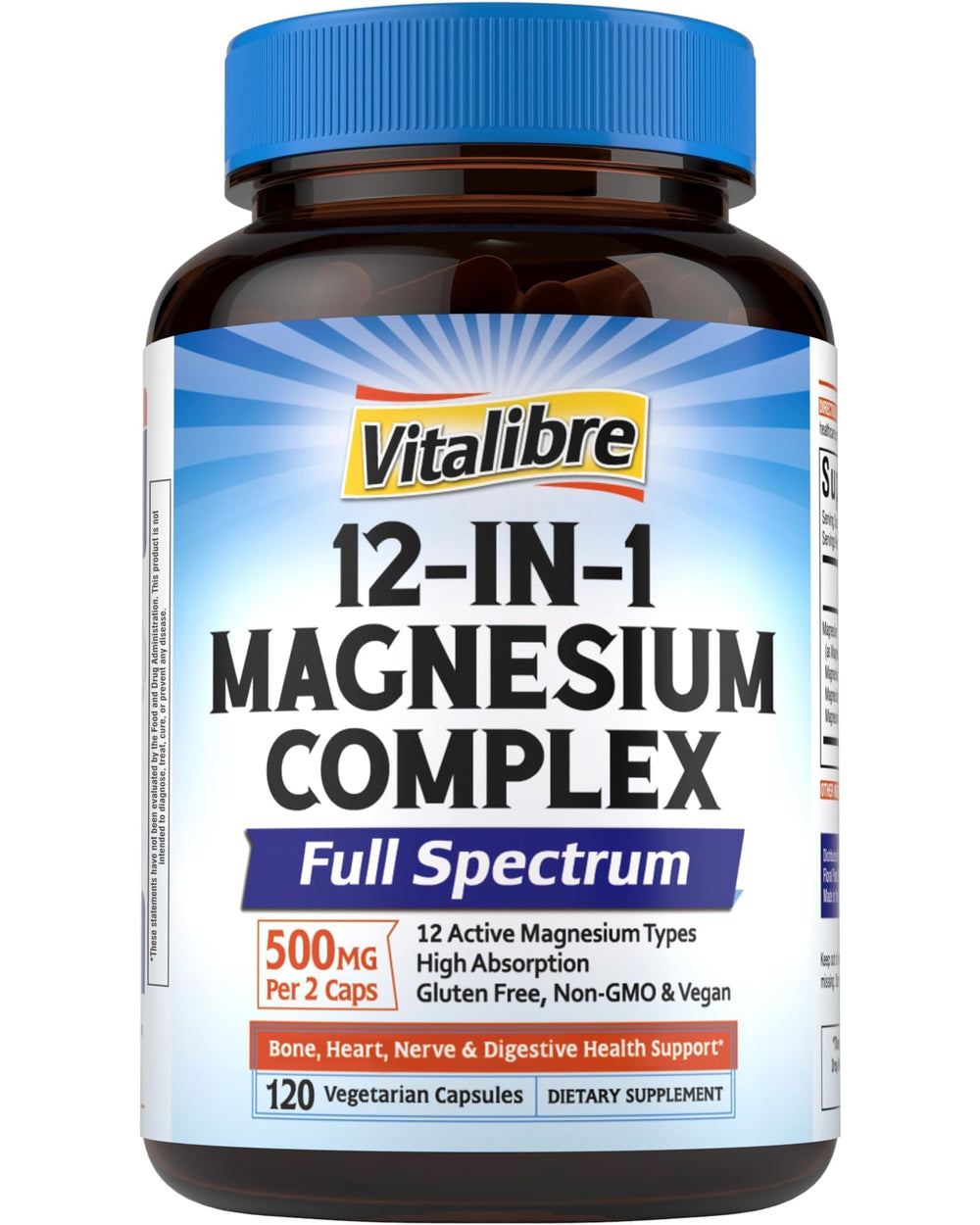 Vitalibre 12-in-1 Magnesium Complex bottle pour for easy daily dosing.