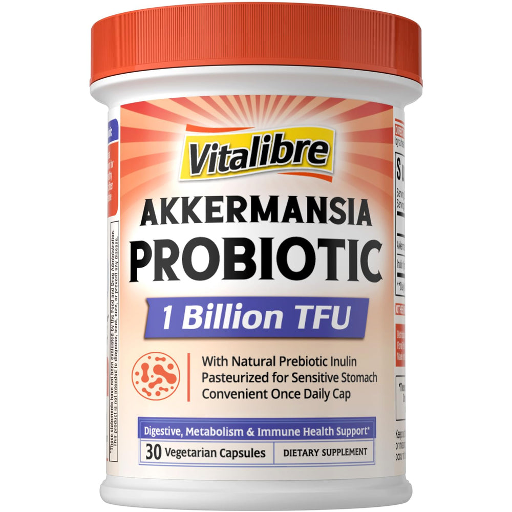 Vitalibre Akkermansia Muciniphila bottle supports gut health with 1B TFU