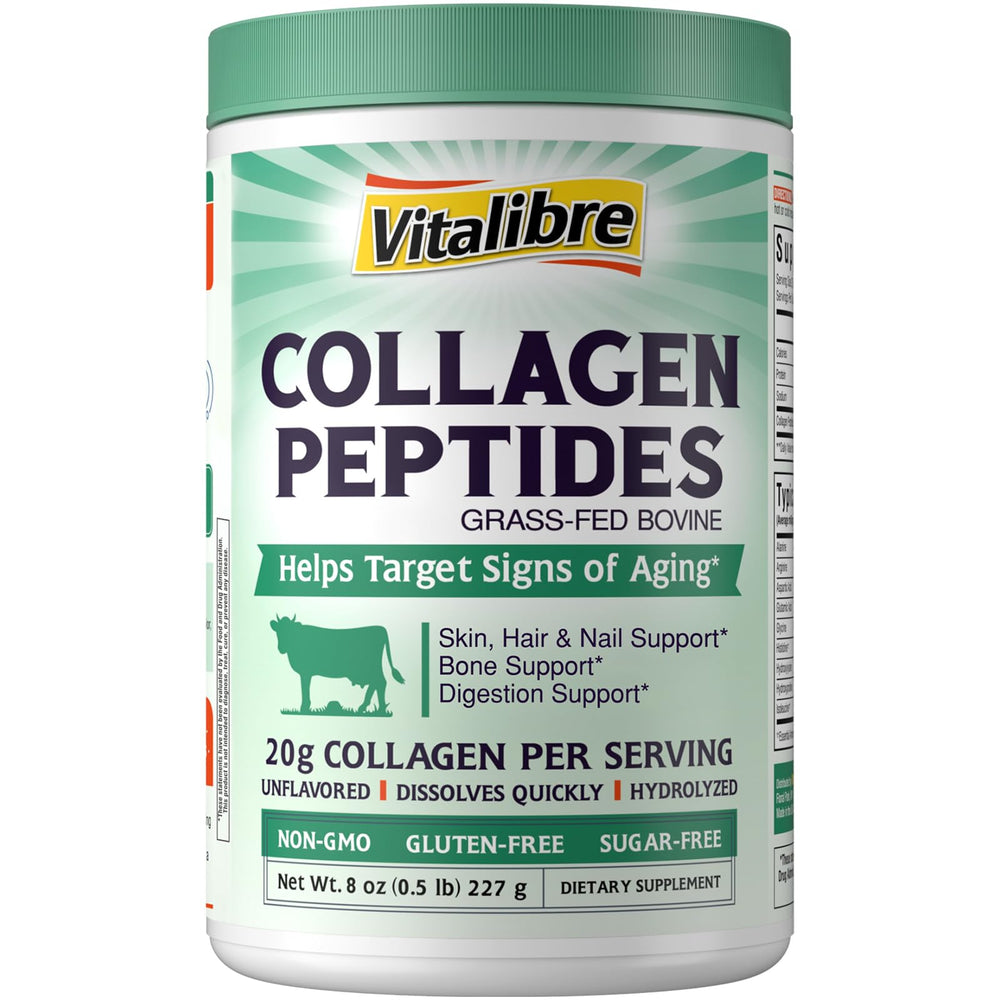 Vitalibre Bovine Collagen Powder bottle highlights grass-fed sourcing and purity.
