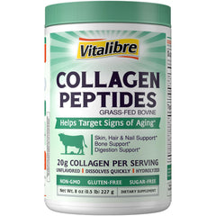 Vitalibre Bovine Collagen Powder bottle highlights grass-fed sourcing and purity.