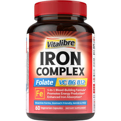 Vitalibre Iron Complex bottle front showing vegan, non-GMO iron option