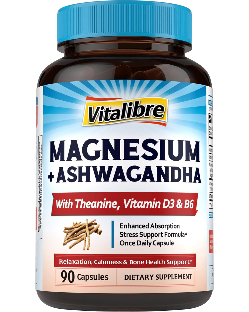 Vitalibre magnesium complex bottle front shows a science-backed stress support formula.