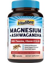 Vitalibre magnesium complex bottle front shows a science-backed stress support formula.