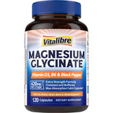 Vitalibre Magnesium Glycinate bottle with label showing high-absorption formula for daily mineral support.