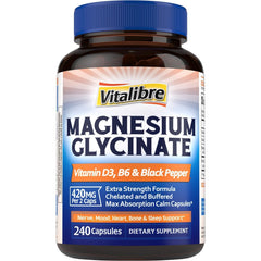 Vitalibre magnesium glycinate bottle with label highlighting high-absorption formula