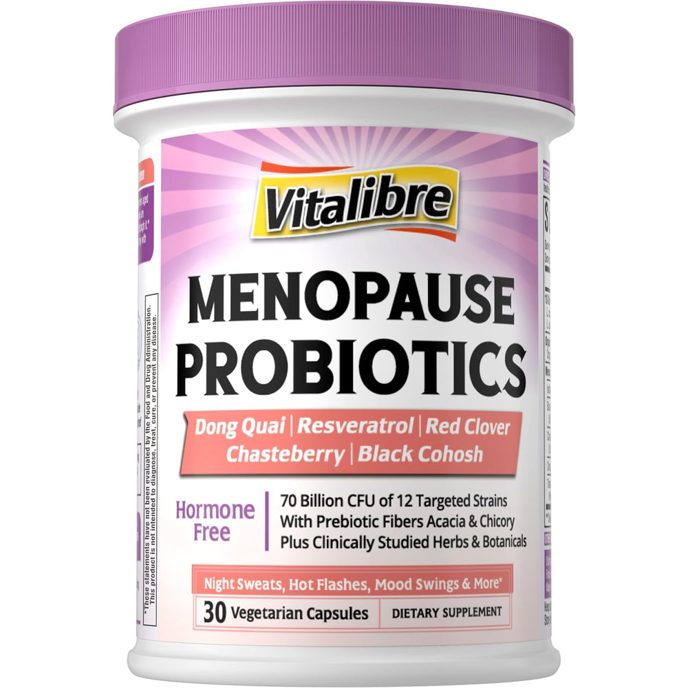 Vitalibre menopause probiotics 70B billion bottle shows daily probiotic support for menopause