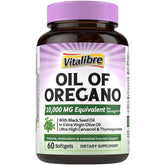 Vitalibre Oil of Oregano bottle on a clean counter, supporting daily immune well-being.