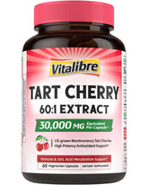 Vitalibre Tart Cherry Capsules bottle, vegan formula for uric acid balance and immune support.