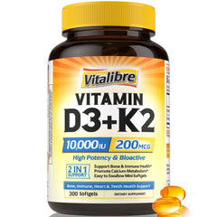 Vitalibre Vitamin D3 K2 softgel bottle with clear label indicating 300-day supply.