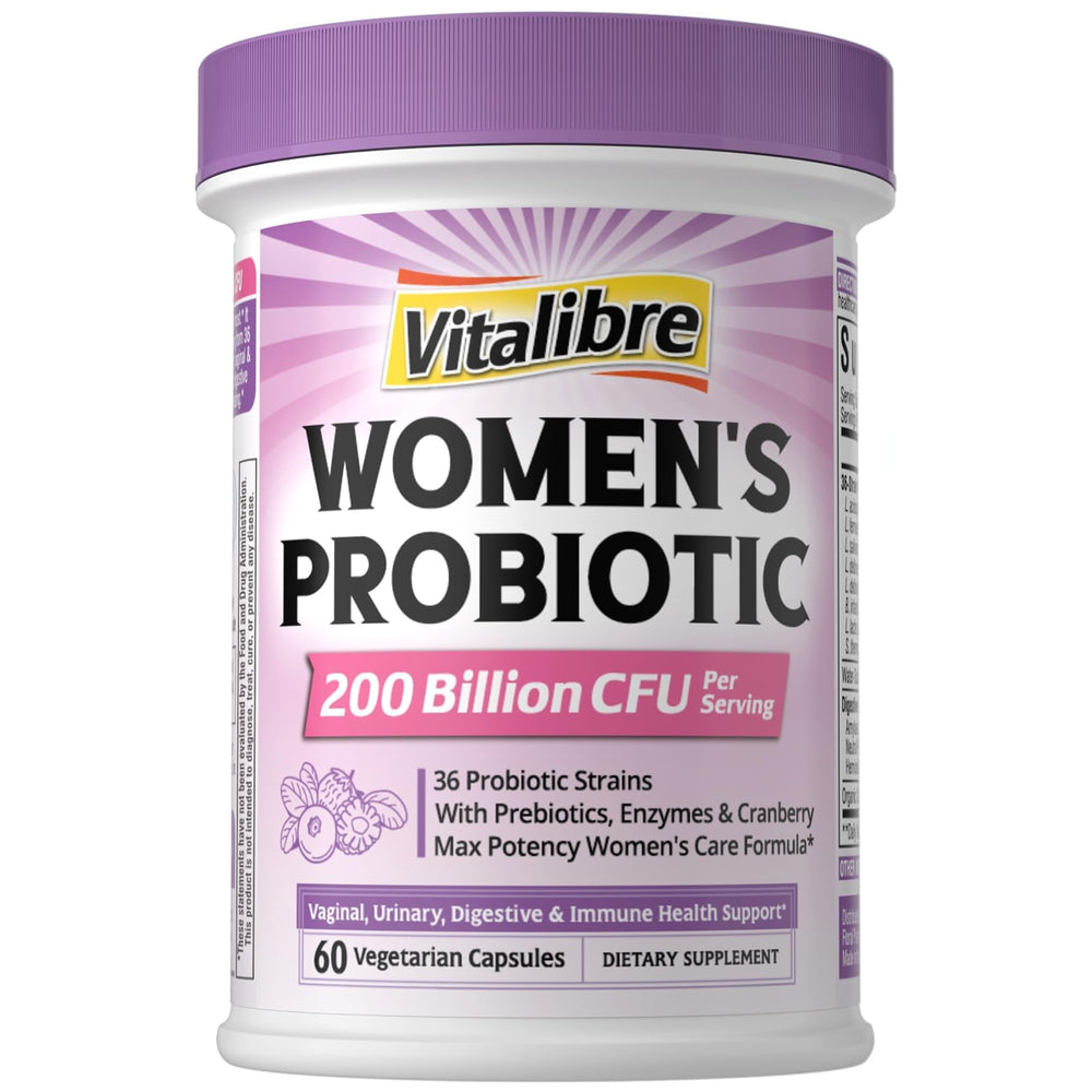 Vitalibre Women's Probiotics bottle shows 200B CFU for balanced vaginal and gut flora.