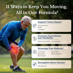 Vitalitown capsules pouring out to reveal 11-in-1 formula benefits.
