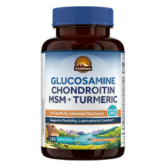 Vitalitown glucosamine bottle front showcasing 180 capsules for daily mobility.