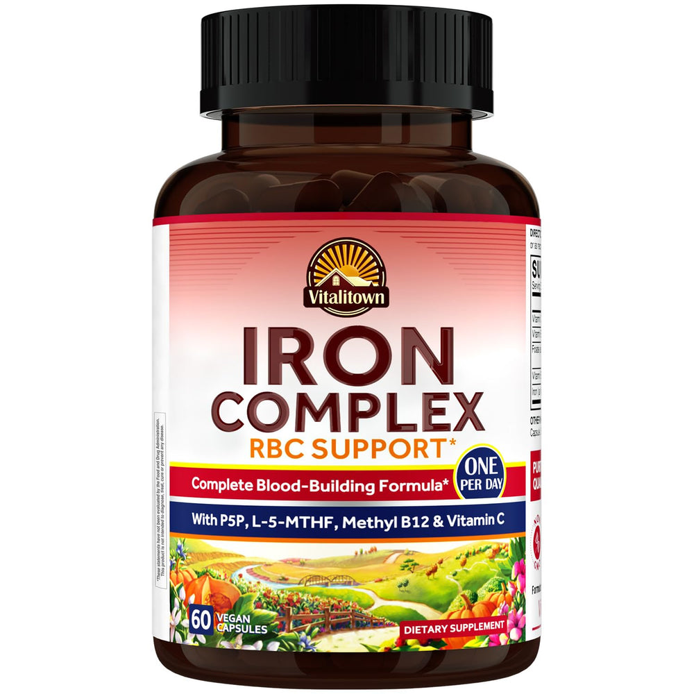 Vitalitown Iron Complex bottle label emphasizing daily iron support